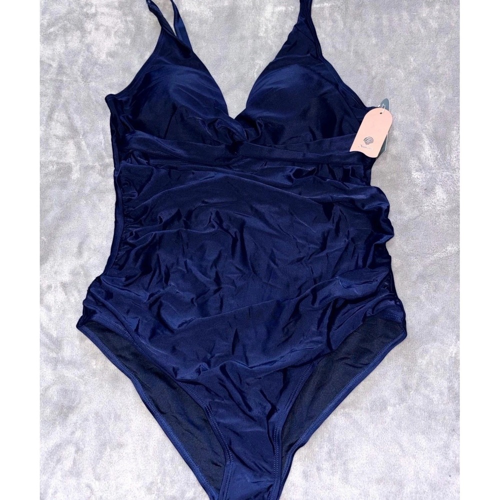 Smismivo Ruched One Piece Swimsuit Womens 2XL‎ Navy Blue Stretch Tummy Control